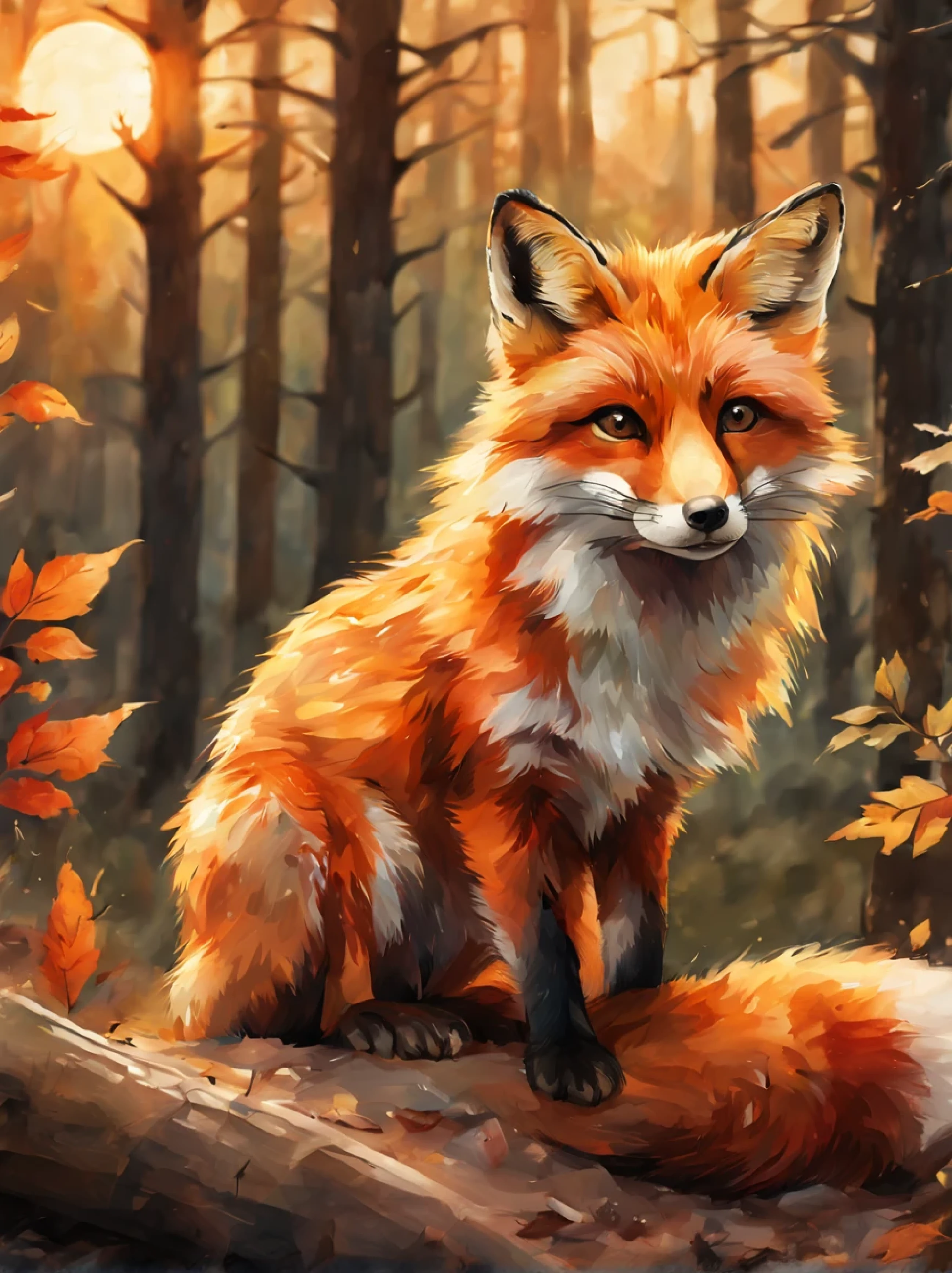 a cute fox playing in the woods, detailed face, forest, trees in the background, watercolor style, warm colors, illustration, sunset, detailed, 8k, (best quality, ultra-detailed:1.6)