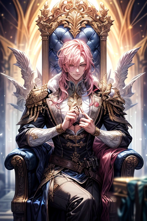 (absurderes, hight resolution, ultra-detailliert), 1 male, , Handsome, tall muscular man, broad shoulders, finely detailed eyes, ((Golden hair)), Fantasy, Complex pattern, Detailed face, a throne, magical effect, best ratio four finger and one thumb, , intense cold, Cold snap, ,、((1female:Pink hair、Long、short、Best style、F-cup、see-through sexy dress、Beautuful Women))、