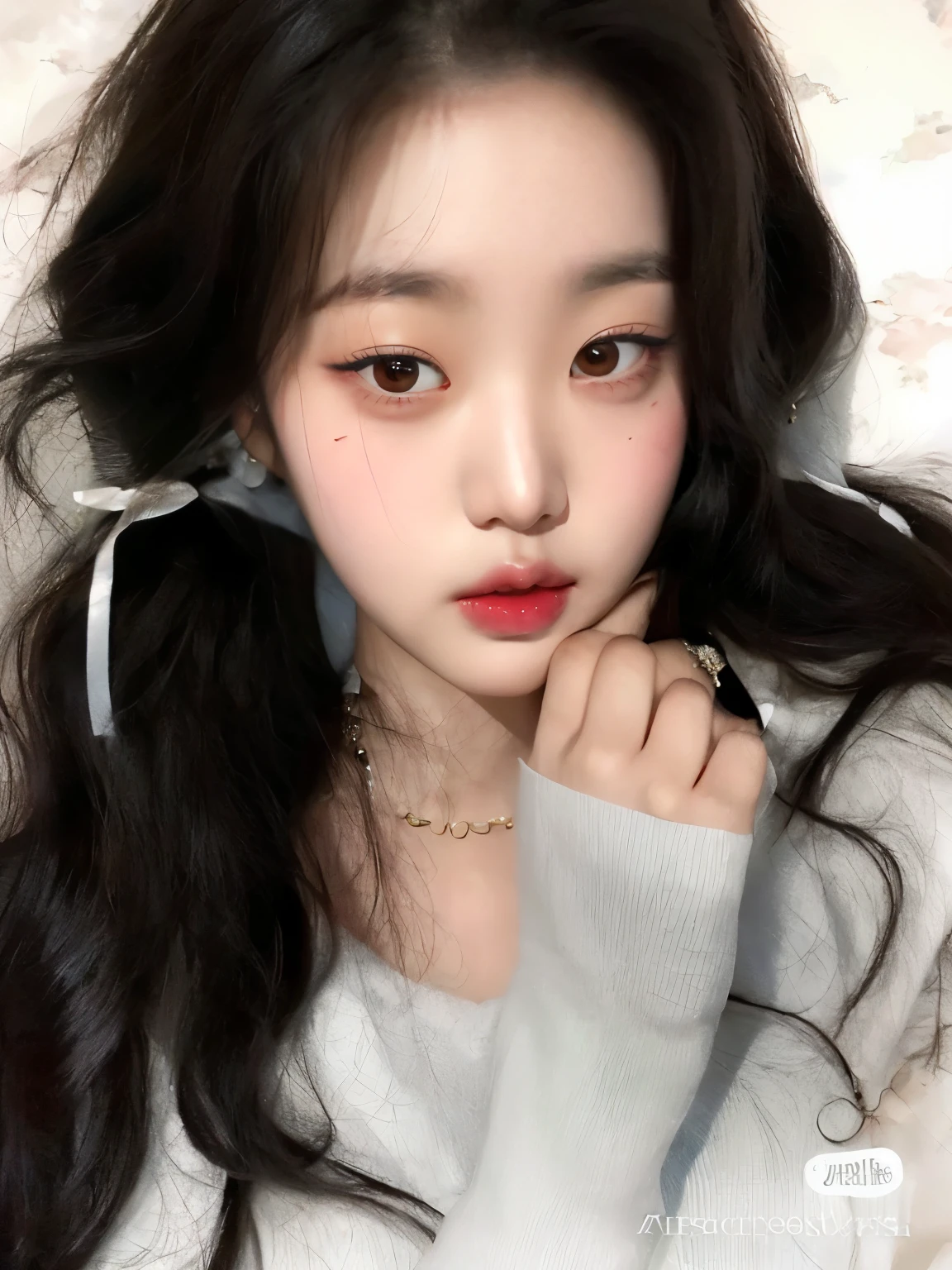 un primer plano de una mujer joven con el pelo largo y un collar de perlas, ulzzang, Joven y adorable rostro coreano, cruel korean goth girl, maquillaje popular de Corea del Sur, Chica coreana, Wan adorable cara coreana, maquillaje coreano popular, young cute wan asian face, Rasgos de la cara coreana, Jinyoung Shin, Hermosa joven coreana, south east asian with round face, Hermosa joven coreana