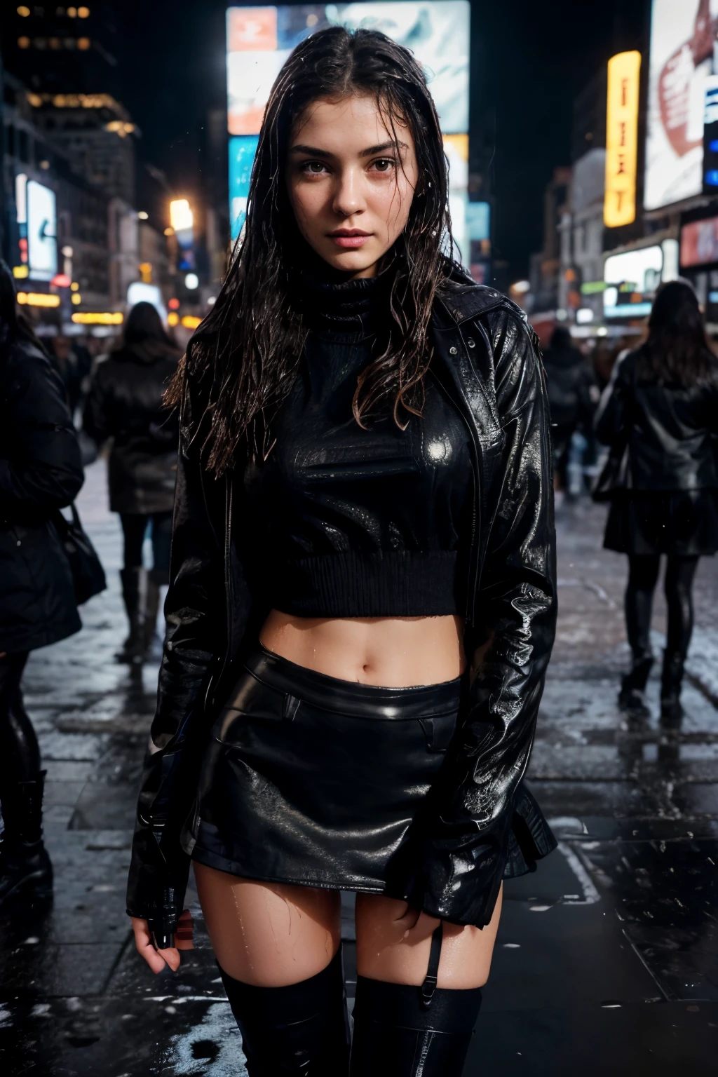 Photo of a 20 year old brunette woman, that has a very natural face, thin lips, Thin eyes, thin eyebrows, thin nose, long eyelashes,she's at the timessquare in new york, winter, snow, sky is dark, she's wearing boots and black stockings, she’s wearing a black skirt and a tight jacket, ((her face is wet )), ((RAW, photorelistic to the maximum)), lights and contrast in the picture is super real,