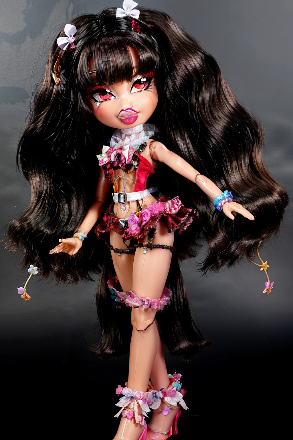 Bratz girl with detailed eyes and big lips and black hair, wearing versace colorful flowers dress , full body , plastic skin , doll joints , ,(masterpiece, top quality, best quality, beautiful and aesthetic:1.2), houraisan_kaguya_touhou, doll, revealing clothes, big head, 1girl, solo, breasts, curvy, wide hips, narrow waist, joints, doll joints, cleavage, bursting breasts, huge breasts, lips, long_hair, black_hair, very_long_hair, bow, smile, bangs, red_eyes, brown_eyes, full body, high heels, thighhighs
