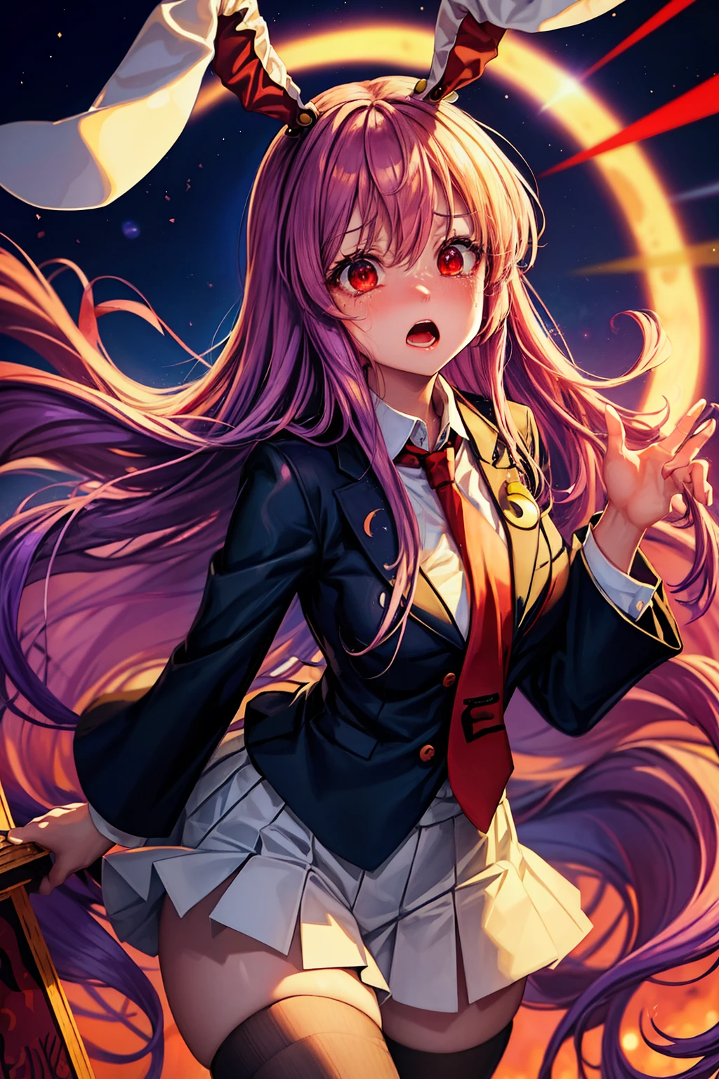 (masterpiece, top quality, best quality, beautiful and aesthetic:1.2), reisen_udongein_inaba_touhou, animal_ears, long_hair, rabbit_ears, red_eyes, purple_hair, necktie, red_necktie, bangs, blush, very_long_hair, breasts, hair_between_eyes, japanese architecture, surprised, :o, beam, laser, glaring body, open box, box, open mouth, jaw drop, wide-eyed, panicking, horrified, screaming, sobbing, traumatized, turn pale, wavy mouth, glowing, glow, outer glow