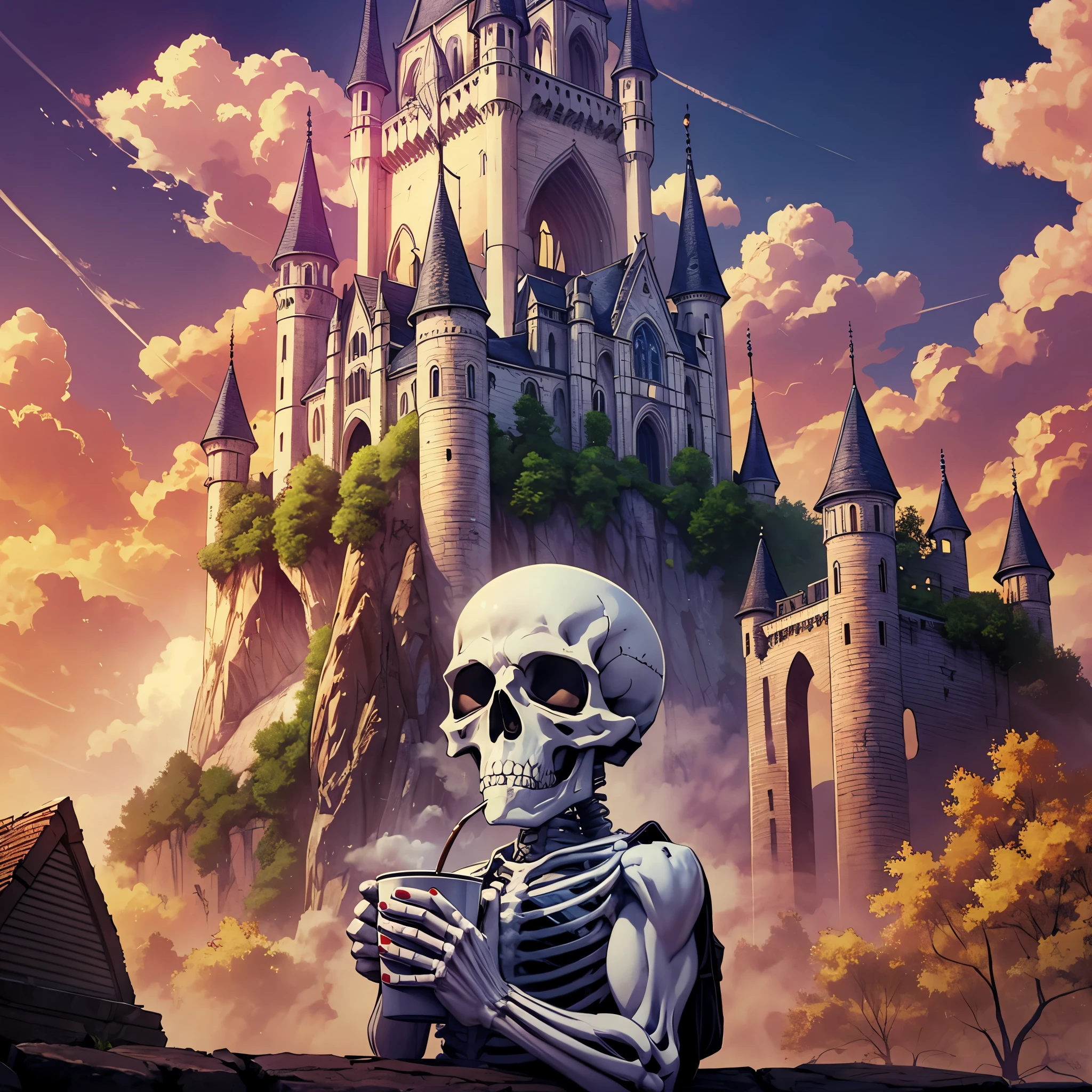 a skeleton drinking coffee with a castle in ruins in the background --auto --s2