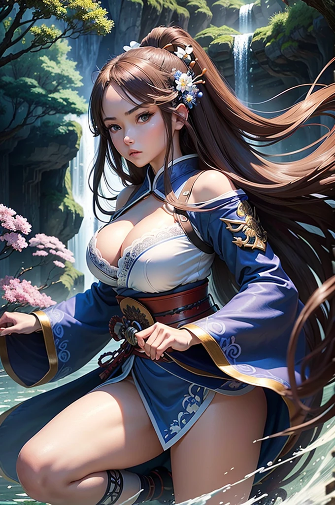 masterpiece, high quality, Samurai anime girl, battle stance, facing forward, really long brown hair, big blue eyes, blue ornaments in her hair, skinny, big breasts, cleavage, open blue kimono with long sleeves, white lace thigh-high stockings, open legs, cinematic light, trees, waterfall, flowers, blue sky, white clouds