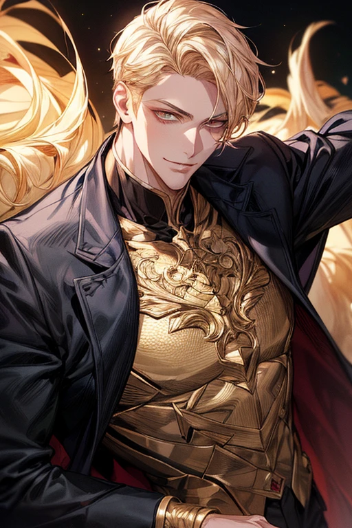 {(Best Quality, 8K, masutepiece, nffsw, Soft lighting, image perfect, Digital Illustration, manhwa art, super detailed image, Perfect lines, Realistic)} 1 very handsome, short blonde hair, Eyes are yellow, luxurious clothes (imposing posture, Smiling), {(black background with golden glitter)}