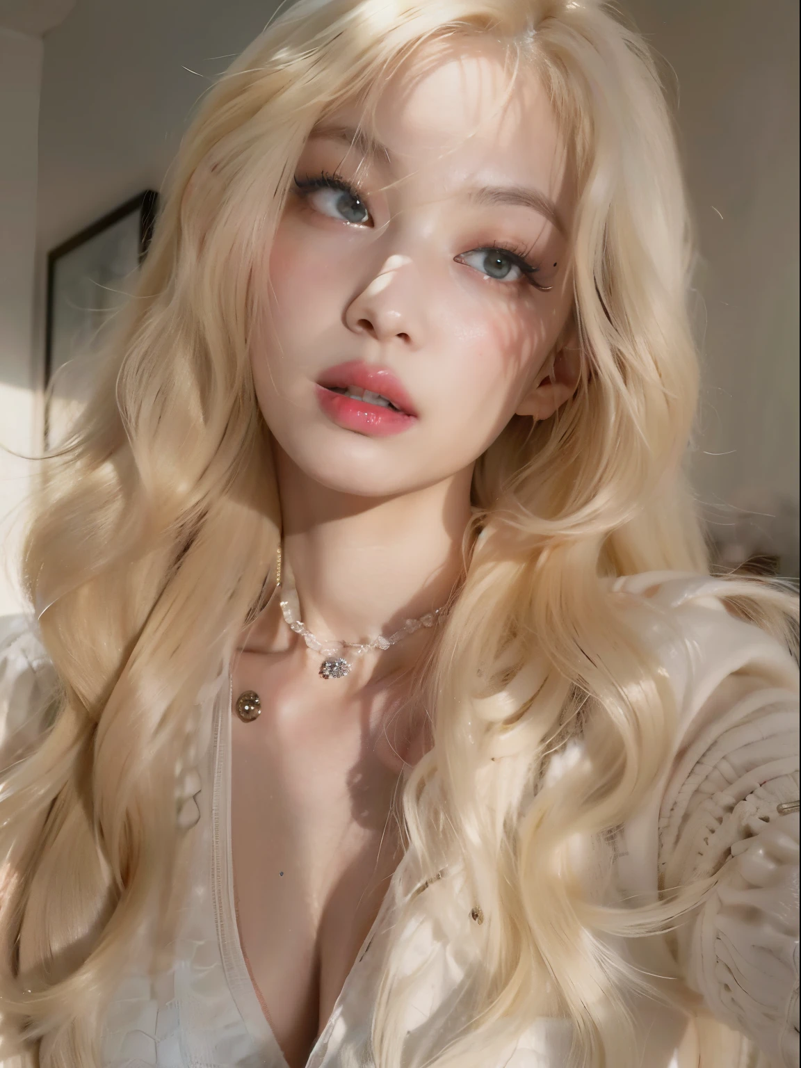 Mujer rubia con el pelo largo y ondulado y un collar de perlas., Retrato de Kim Petras, Ava Max, extremely pale blond hair, pale porcelain white skin, Cabello largo y rubio y ojos grandes, Hermosa Delphine, cabello rubio muy, very pale, Cabello largo y rubio y ojos grandes, pale skin curly blond hair, Cabello largo y blanco y flequillo, con pelo largo blanco, con cabello largo y rubio