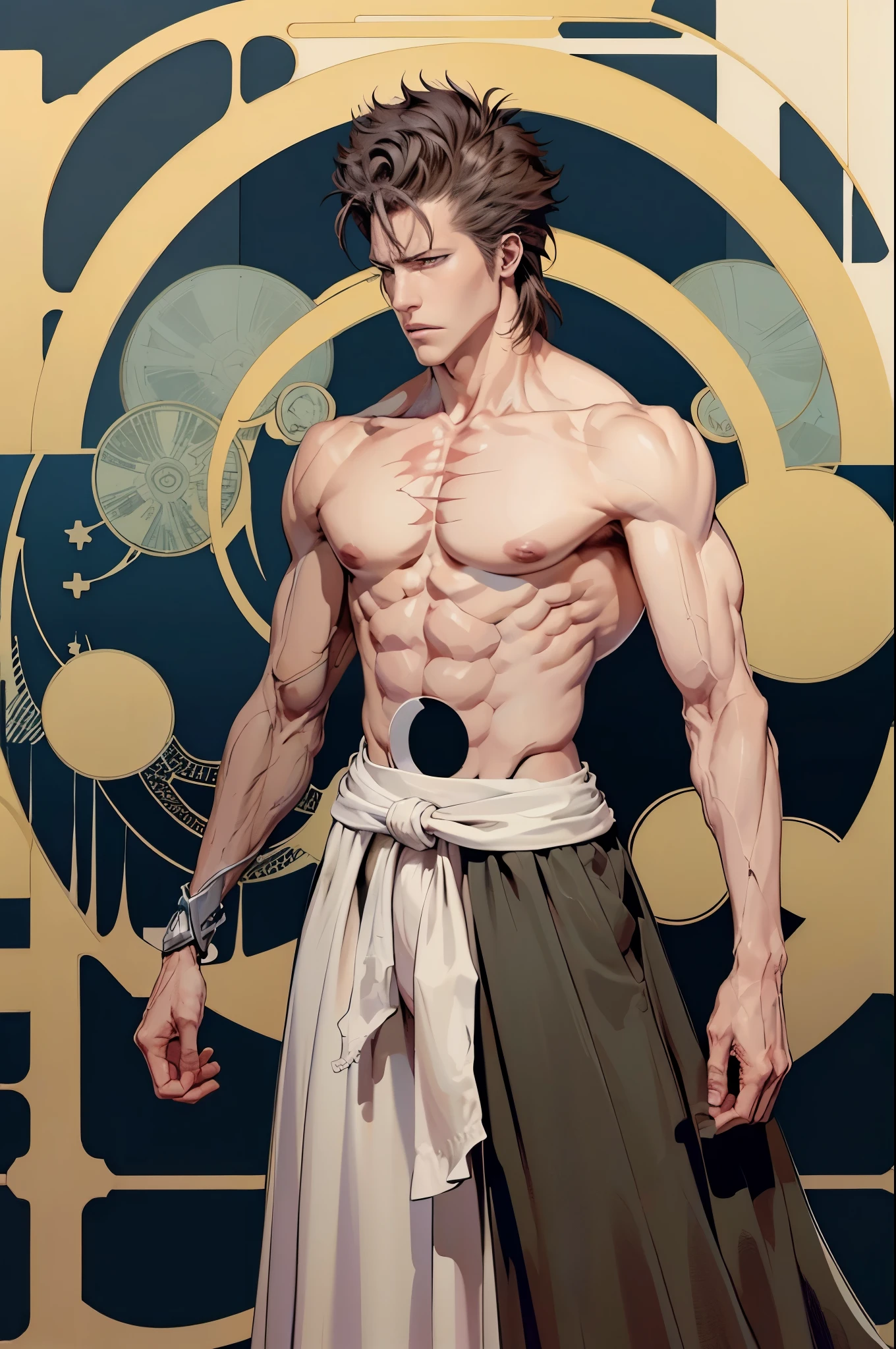 chico anime con un cuerpo musculoso y una camisa ajustada puesta, muscular!!, muscular character, Estilo baki! Blanco, alto!, Super buff y cool, musculatura, big biceps, Science-Fiction, Mysterious character, epica pose de anime, fuerte e imponente, pose fuerte, Arte de anime limpio y detallado, large musculatura