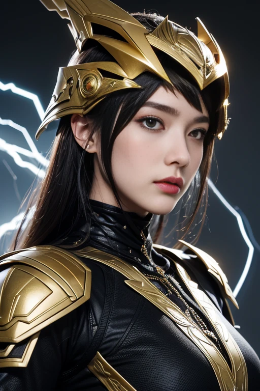 4K, masutepiece, hight resolution, absurderes,, Edge Thunderstruck, Woman in black and gold armor ,Wearing Edge and Thunder Tracks_armor, electrification, Wilding Thunder, Wearing an intricate armor helmet、masterpiece, top-quality, hightquality, hight resolution, (facial close-up、