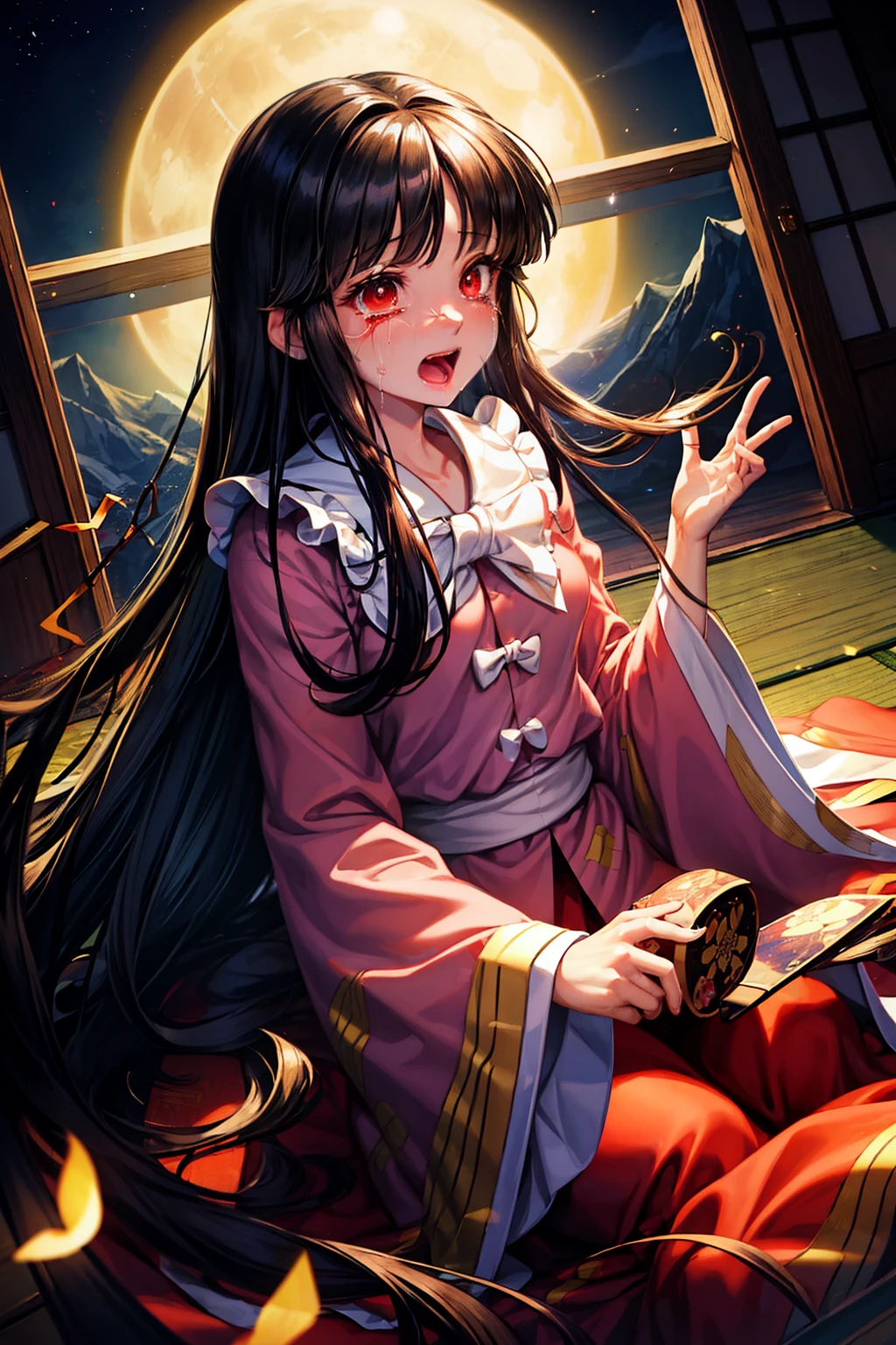 (masterpiece, top quality, best quality, beautiful and aesthetic:1.2), houraisan_kaguya_touhou, long_hair, black_hair, very_long_hair, bow, smile, bangs, red_eyes, brown_eyes, japanese architecture, surprised, :o, beam, laser, glaring body, open box, box, open mouth, jaw drop, wide-eyed, panicking, horrified, screaming, sobbing, traumatized, turn pale, wavy mouth, glowing, glow, outer glow