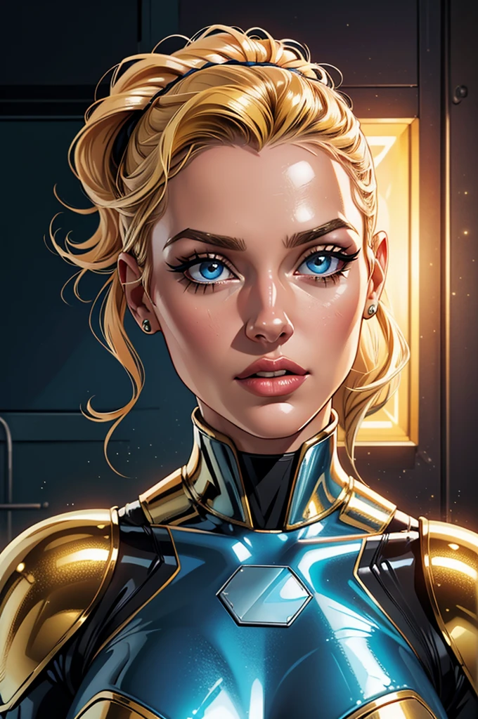 (best quality,8k:1.2,high resolution:1.2),ultra-detalhado,Realistic,science fiction female superhero,retro futurism,Loira,belos olhos detalhados,beautiful detailed lips,olhos e rosto extremamente detalhados,long eyelashes,gold latex micro dress,apertado,beige pantyhose,Shiny Metal Accessories,fundo branco neutro,profissional,vivid colors,Physically-based rendering,foco nítido,studio lighting,artistas conceituais