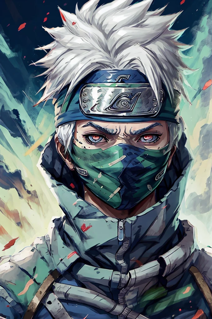 Kakashi is a woman , , sozinha, Foco feminino, brilhar, olhos vermelhos, heterochromatic, looking up at the audience, olhos brilhantes, Cicatrizes, Ninjas, olhos brilhantes, cicatrizes no rosto, raio