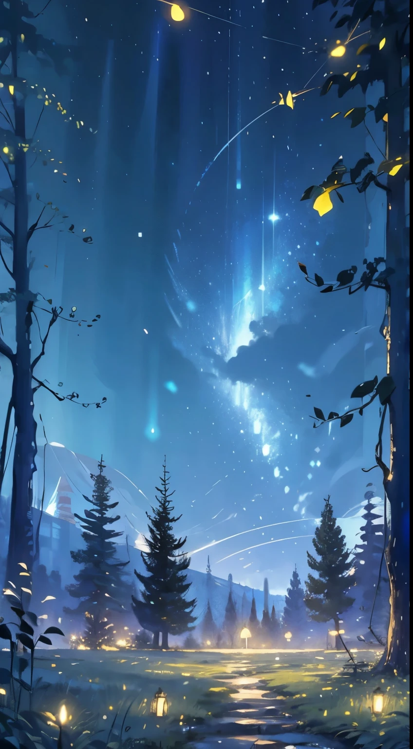 Starry night, forest in the background, field with fireflies