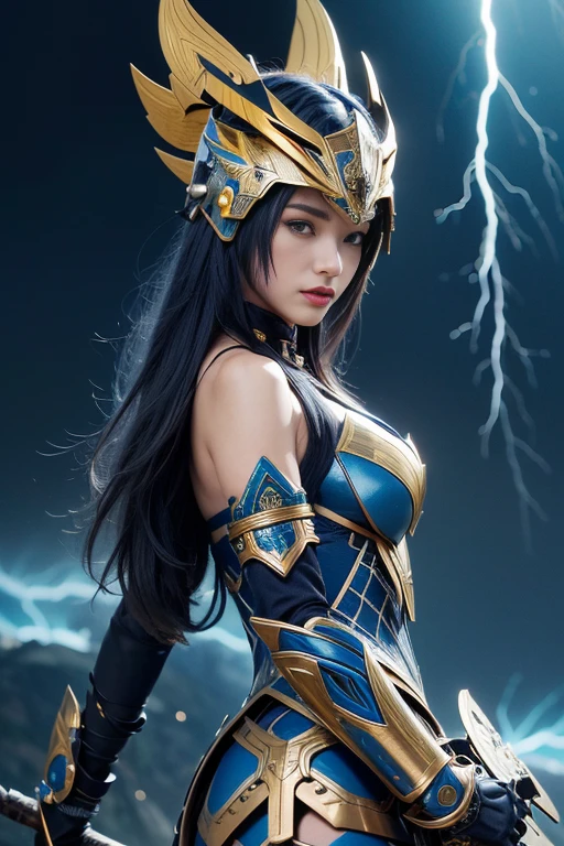 4K, masutepiece, hight resolution, absurderes,, Edge Thunderstruck, (Beautiful woman wearing metal blue and gold armor on bare skin) , Extraordinary beauty, Wearing Edge and Thunder Tracks_armor, electrification, (Wilding Thunder, Wearing an intricate armor helmet、​masterpiece, top-quality, hightquality, hight resolution,