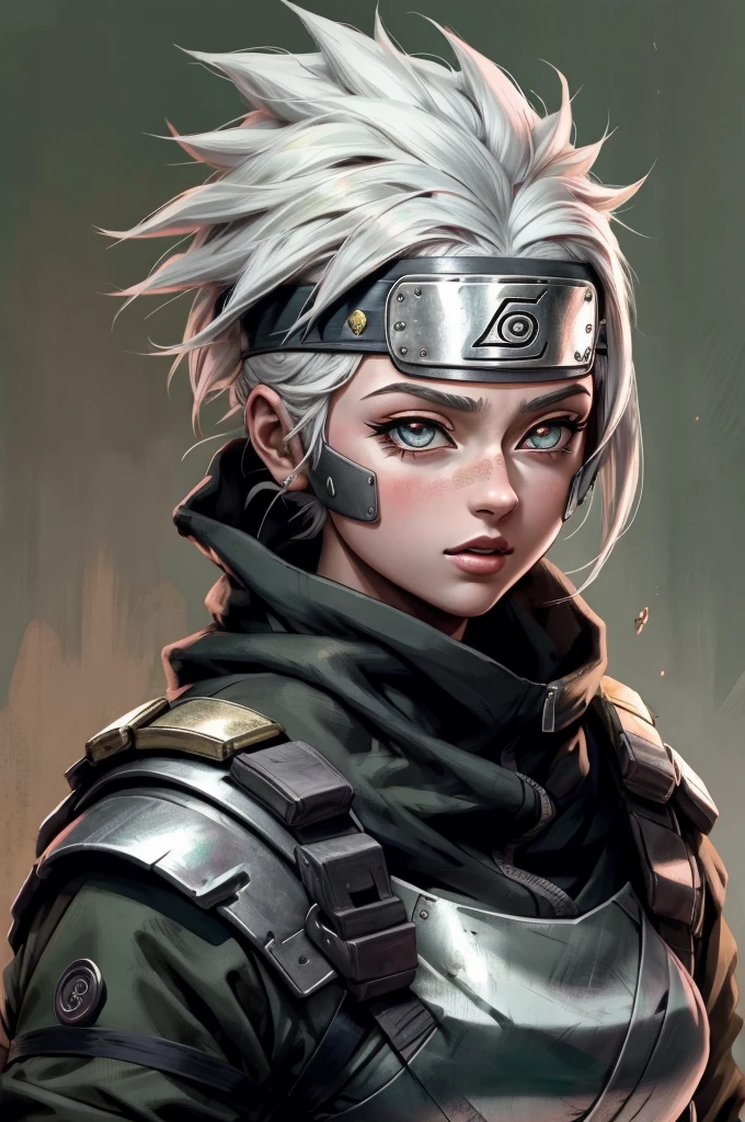 Kakashi is a woman , 1st grade, sozinha, Foco feminino, brilhar, olhos vermelhos, heterochromatic, looking up at the audience, olhos brilhantes, Cicatrizes, Ninjas, olhos brilhantes, cicatrizes no rosto, raio