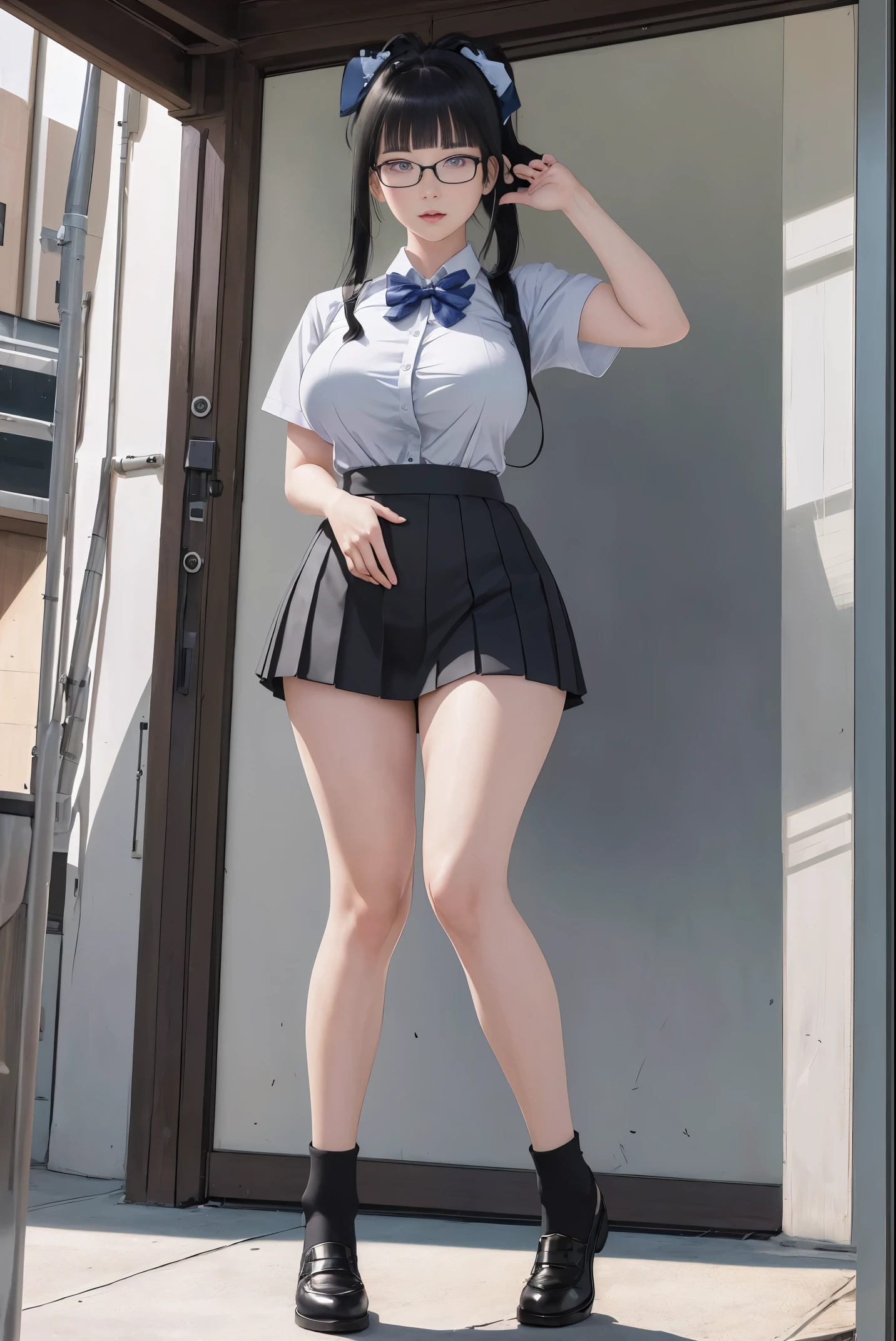 (Best quality:1.1), (Masterpiece:1.2), Highqualityshadow, Beautiful detailed, Beautiful face, Detailed eyes，Depth of field, A high resolution, Best shadow, Best illumination, 1girll, view the viewer

there is a woman in a short skirt and, Short sleeve shirt, open breast, high sock, a hyperrealistic schoolgirl, hyperrealistic schoolgirl, realistic schoolgirl, photorealistic anime girl render, photorealistic full body, hyperrealistic full figure, photorealistic perfect body, casual pose, seductive anime girl, smooth anime cg art, Blunt bangs


anime girl perfect body in a very short skirt and a bow tie posing, a hyperrealistic schoolgirl, realistic schoolgirl, hyperrealistic schoolgirl, full body portrait of a short!, anime full body illustration, wearing short skirt, wearing a short skirt, render of a cute 3d anime girl, full body illustration, huge breast, super short skirt, shy girls, wearing glasses, pony tail long hair, black hair, pantie, mini skirt, short skirt, very short skirt, open breast, Split buttons, thicc, sexy pose
masterpiece,best quality,best illustration,hyper detailed,1 girl,solo,,glamorous,blushing,

gigantic breasts,large,((gigantic_breasts))),（Re-emulsification）