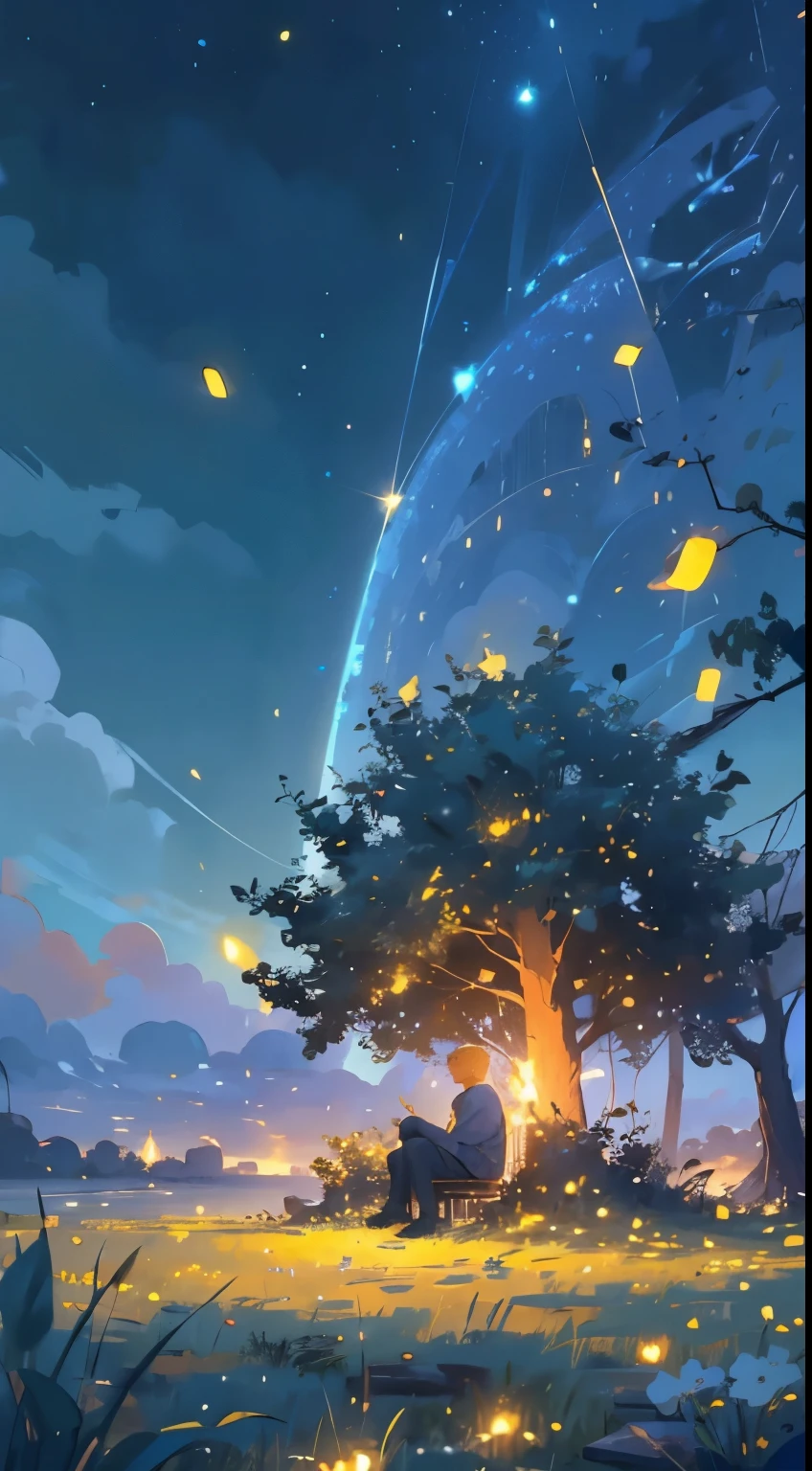 Starry night, field with fireflies, a boy sitting on the grass, watchin the sky, bright eyes