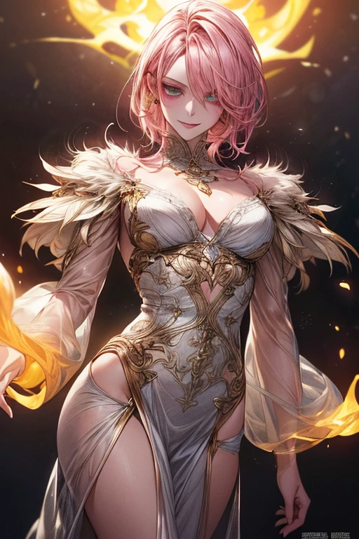 {(Best Quality, 8K, masutepiece, nffsw, Soft lighting, image perfect, Digital Illustration, manhwa art, super detailed image, Perfect lines, Realistic)} (ember、Very handsome, short blonde hair, Eyes are yellow, luxurious clothes (imposing posture, Smiling)), (female pervert、Pink hair、Long、short、Best style、F-cup、see-through sexy dress、美female pervert)