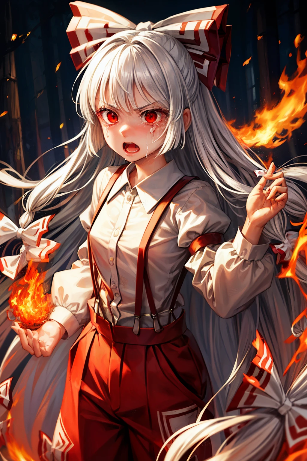 (masterpiece, top quality, best quality, beautiful and aesthetic:1.2), fujiwara_no_mokou_touhou, long_hair, bow, hair_bow, red_eyes, white_hair, suspenders, very_long_hair, bangs, white_bow, fire, hair_ribbon, japanese architecture, surprised, :o, beam, laser, glaring body, open box, box, open mouth, jaw drop, wide-eyed, panicking, horrified, screaming, sobbing, traumatized, turn pale, wavy mouth, glowing, glow, outer glow