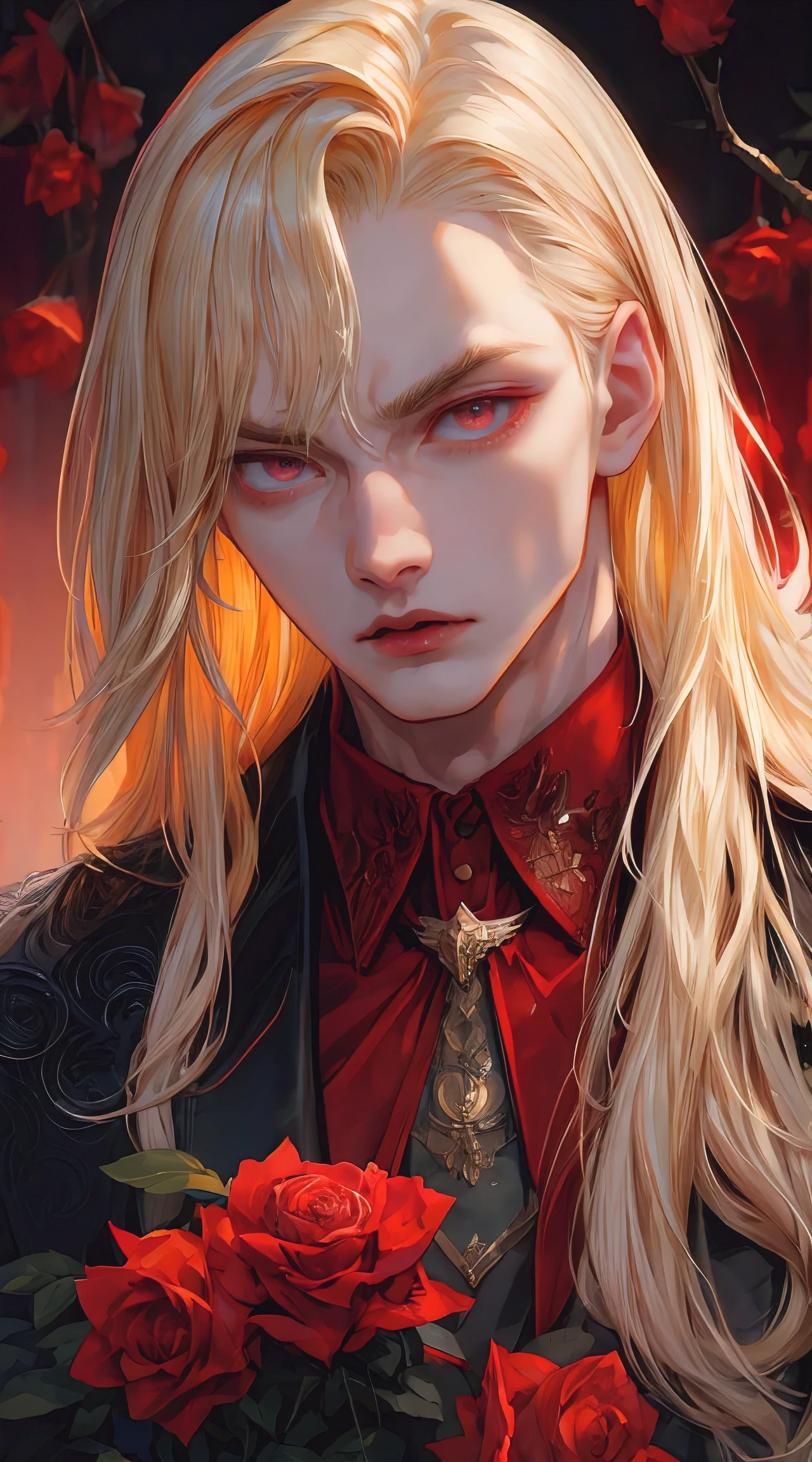 masterpiece, highest quality, (solo focus), (perfect face:1.1), (high detail:1.1), (hyper detailed eyes), dramatic, 1guy, (Pale skin), long blonde hair, (red irises), individual focus, Vampire, long hair, moon, night, Red luxury suit, pouty lips, castle, detailed background, art by artgerm, cinematic lighting, red roses, fashion