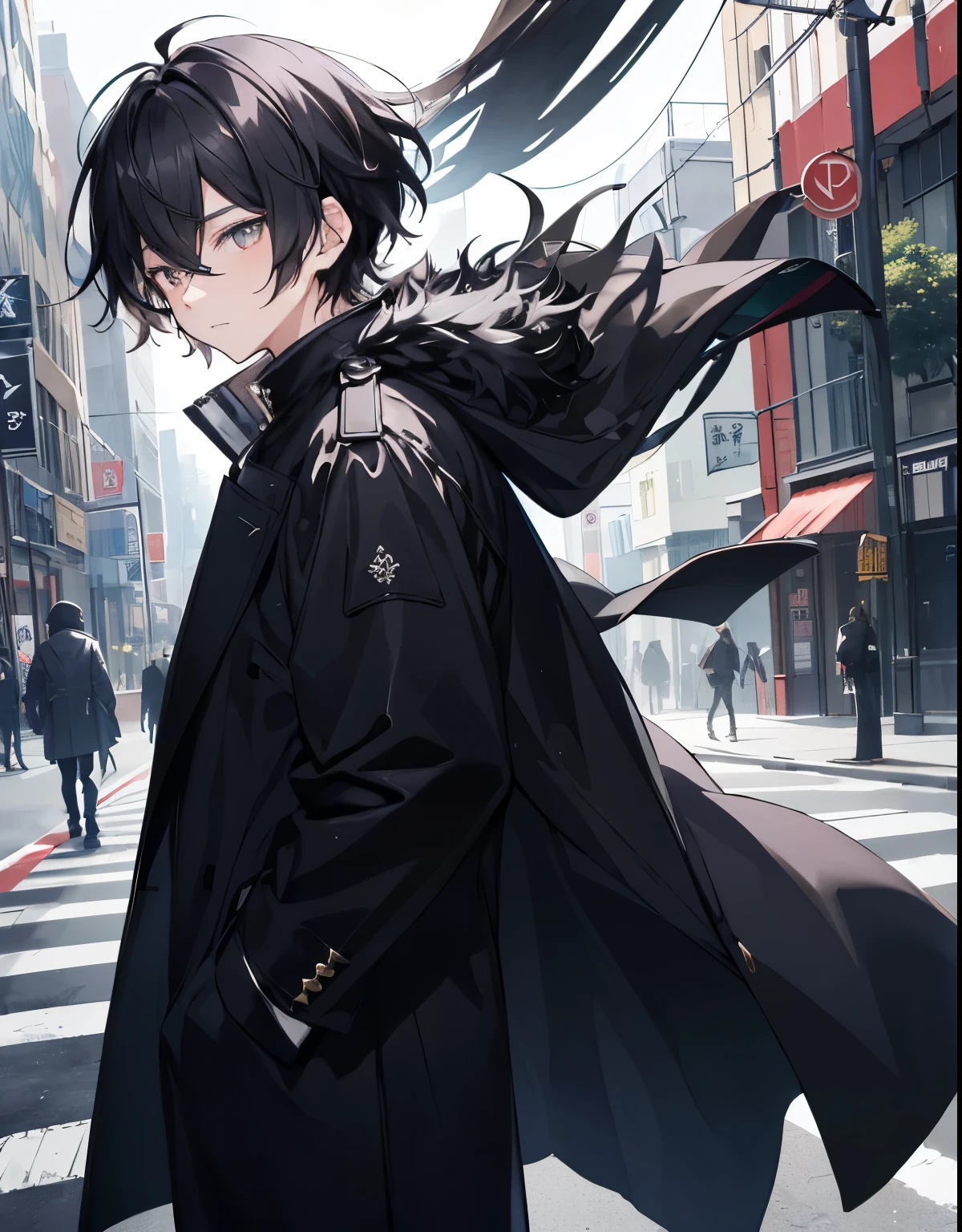 tmasterpiece，1 boy，独奏，black color hair，wind coat，cropped shoulders，the street，Left eye with green pupil