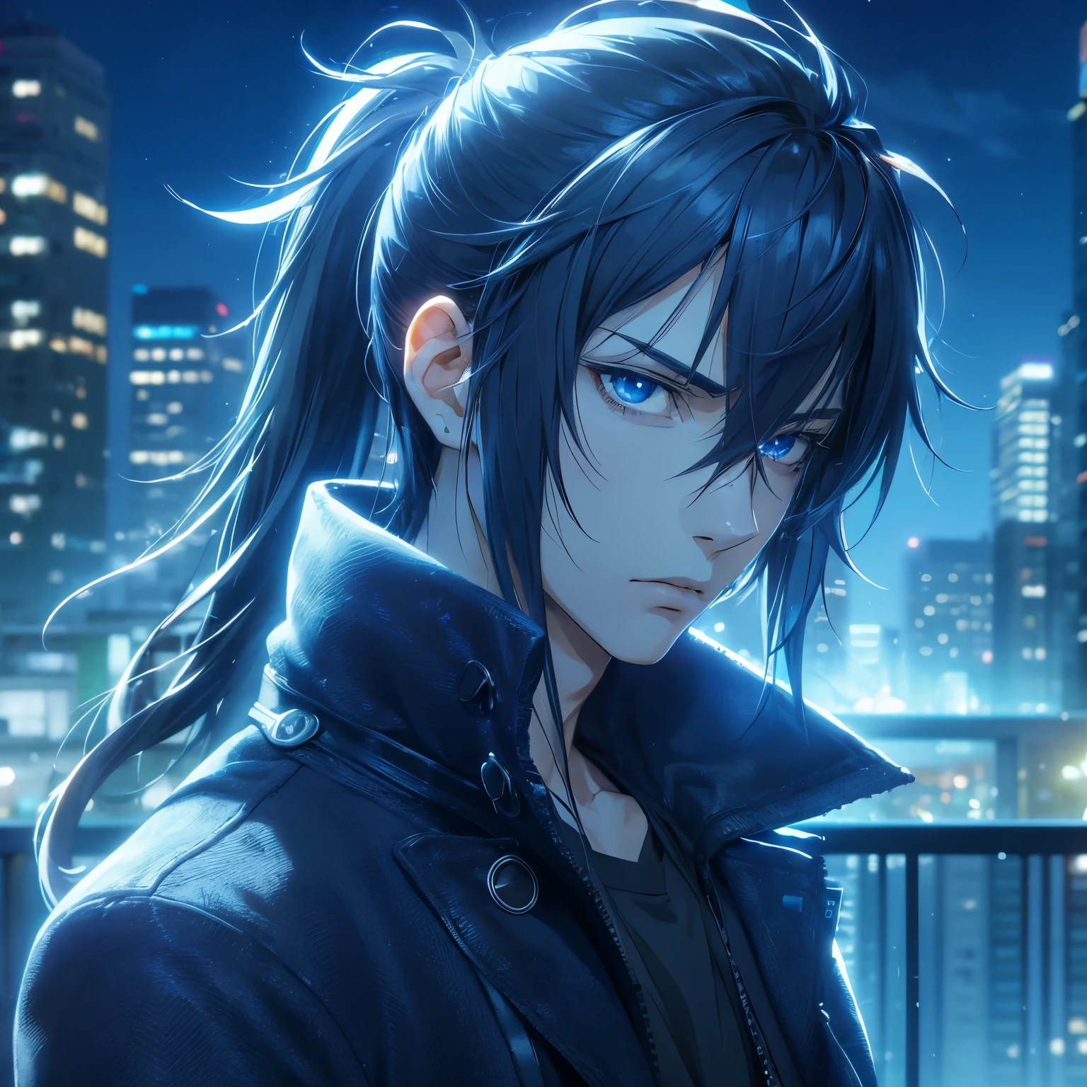 3D Detailed anime style, male, anime boy screenshot, tall, slanted eyes, midnight blue hair, straight hair, ponytail, blue eyes, hot boy, glare, cold expression, jacket, night city outside, breathing out cold air, HD, High Quality