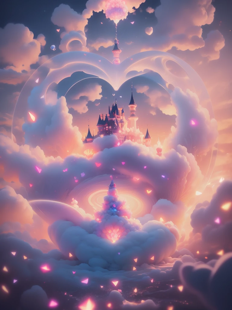 inside a heart shaped bubble a Cotton Candy Queen Women Goddess 8k Resolution Rendered Hyper Realistic Intricate Detail lives in an frosty heart shaped bubble, a fanciful place filled with castles, cotton candy, swans lakes and fluffy clouds, An intricate visual representation of computer programing, rendered in 24k resolution with intricate details and symbols.