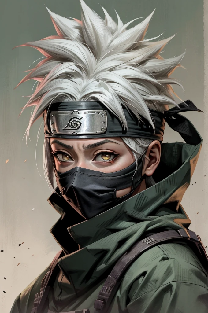 Kakashi is a woman , 1st grade, sozinha, Foco feminino, brilhar, olhos vermelhos, heterochromatic, looking up at the audience, olhos brilhantes, Cicatrizes, Ninjas, olhos brilhantes, cicatrizes no rosto, raio