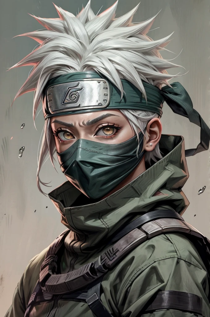 Kakashi is a woman , 1st grade, sozinha, Foco feminino, brilhar, olhos vermelhos, heterochromatic, looking up at the audience, olhos brilhantes, Cicatrizes, Ninjas, olhos brilhantes, cicatrizes no rosto, raio