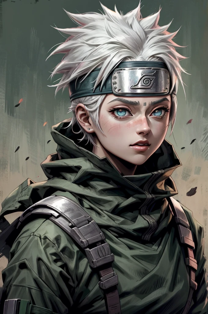 Kakashi is a woman , 1st grade, sozinha, Foco feminino, brilhar, olhos vermelhos, heterochromatic, looking up at the audience, olhos brilhantes, Cicatrizes, Ninjas, olhos brilhantes, cicatrizes no rosto, raio