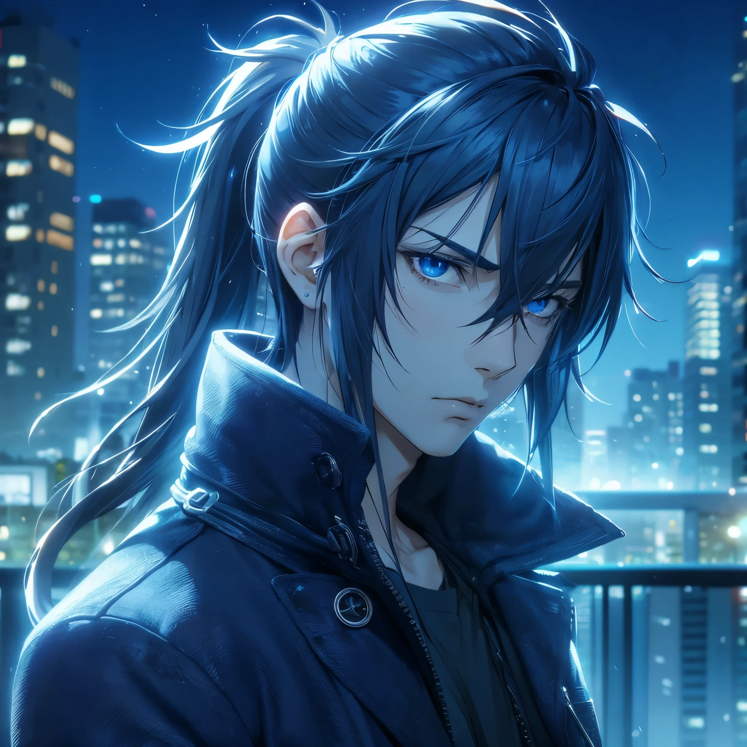 3D Detailed anime style, male, anime boy screenshot, tall, slanted eyes, midnight blue hair, straight hair, ponytail, blue eyes, hot boy, glare, cold expression, jacket, night city outside, breathing out cold air, HD, High Quality