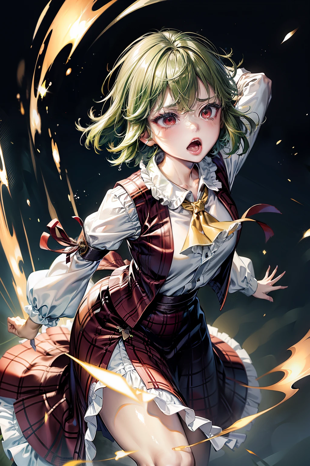 (masterpiece, top quality, best quality, beautiful and aesthetic:1.2), kazami yuuka, green hair, japanese architecture, surprised, :o, beam, laser, glaring body, open box, box, open mouth, jaw drop, wide-eyed, panicking, horrified, screaming, sobbing, traumatized, turn pale, wavy mouth, glowing, glow, outer glow