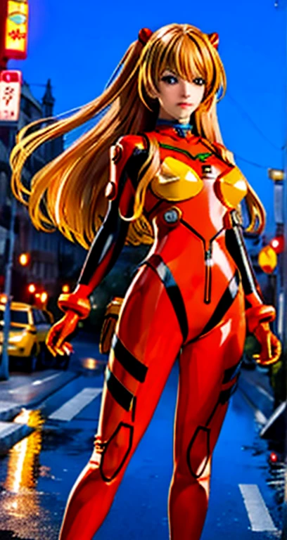 best quality, master part, Realistic, photoRealistic, 1girl, sozinho, Olhando para o Viewer, corpo inteiro, Standing, cabelos longos, fantasia de asuka, , Plugsuit, Bodysuit, ornamento de cabelo, Antecedentes detalhados, na rua, Noite, Luz, chuva,
