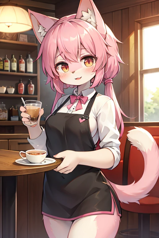 cute furry anthro cat girl with pink hair at a cafe