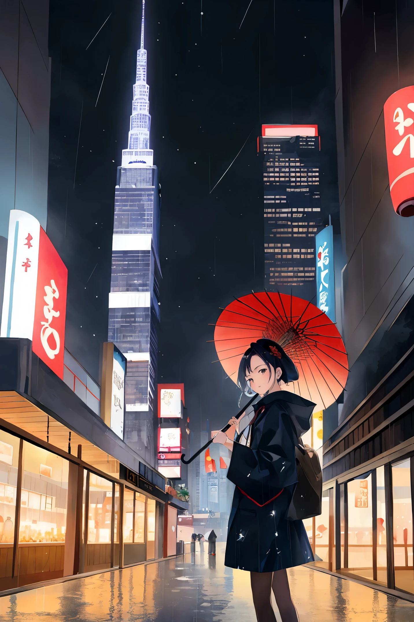 Cute Ukiyo-e,a rainy day painting of a figure standing alone under an umbrella gazing up at the crowded walkways of floating skyscrapers lit with artificial starlight, official art, Best quality, masterpiece