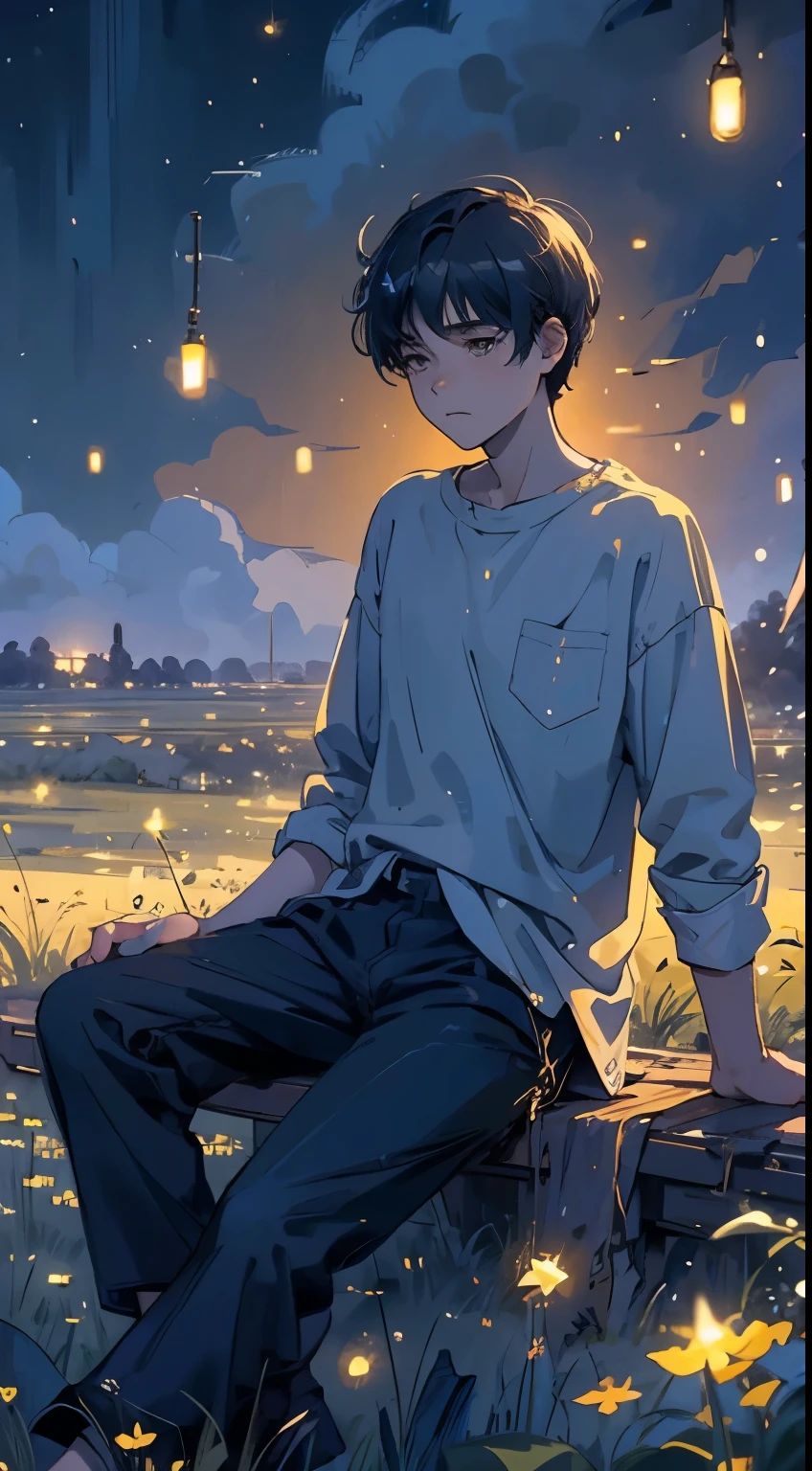 Starry night, field with fireflies, a young guy with sad bright eyes, in oversized shirt and dark trousers, sitting on the grass, watchin the stsrs,