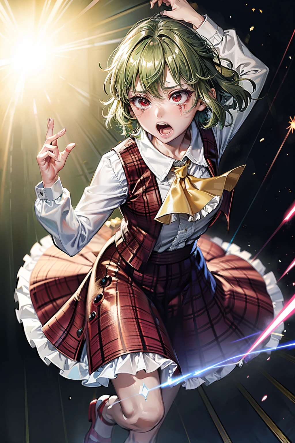 (masterpiece, top quality, best quality, beautiful and aesthetic:1.2), kazami yuuka, green hair, japanese architecture, surprised, :o, beam, laser, glaring body, open box, box, open mouth, jaw drop, wide-eyed, panicking, horrified, screaming, sobbing, traumatized, turn pale, wavy mouth, glowing, glow, outer glow