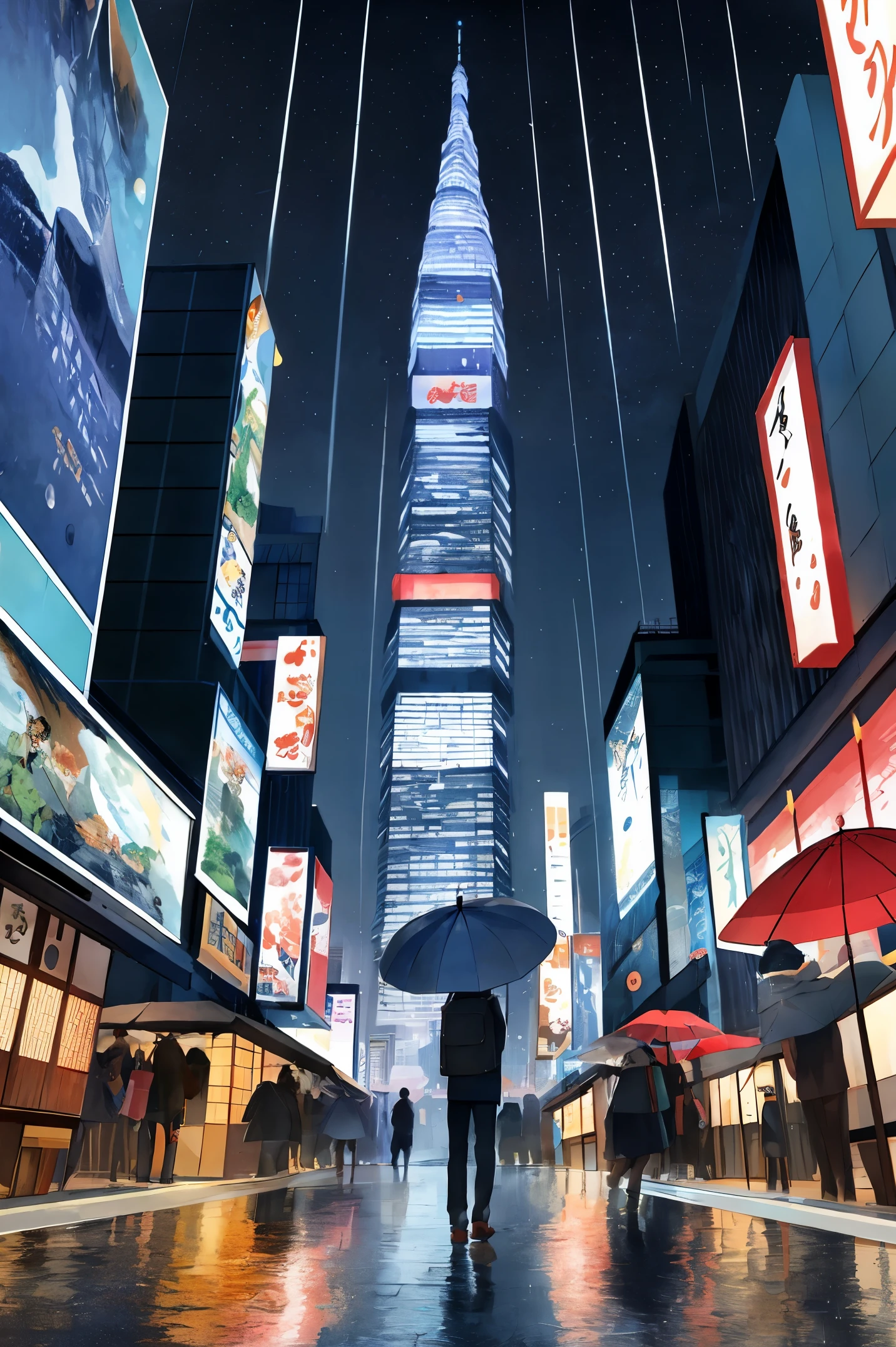 Cute Ukiyo-e,a rainy day painting of a figure standing alone under an umbrella gazing up at the crowded walkways of floating skyscrapers lit with artificial starlight, official art, Best quality, masterpiece