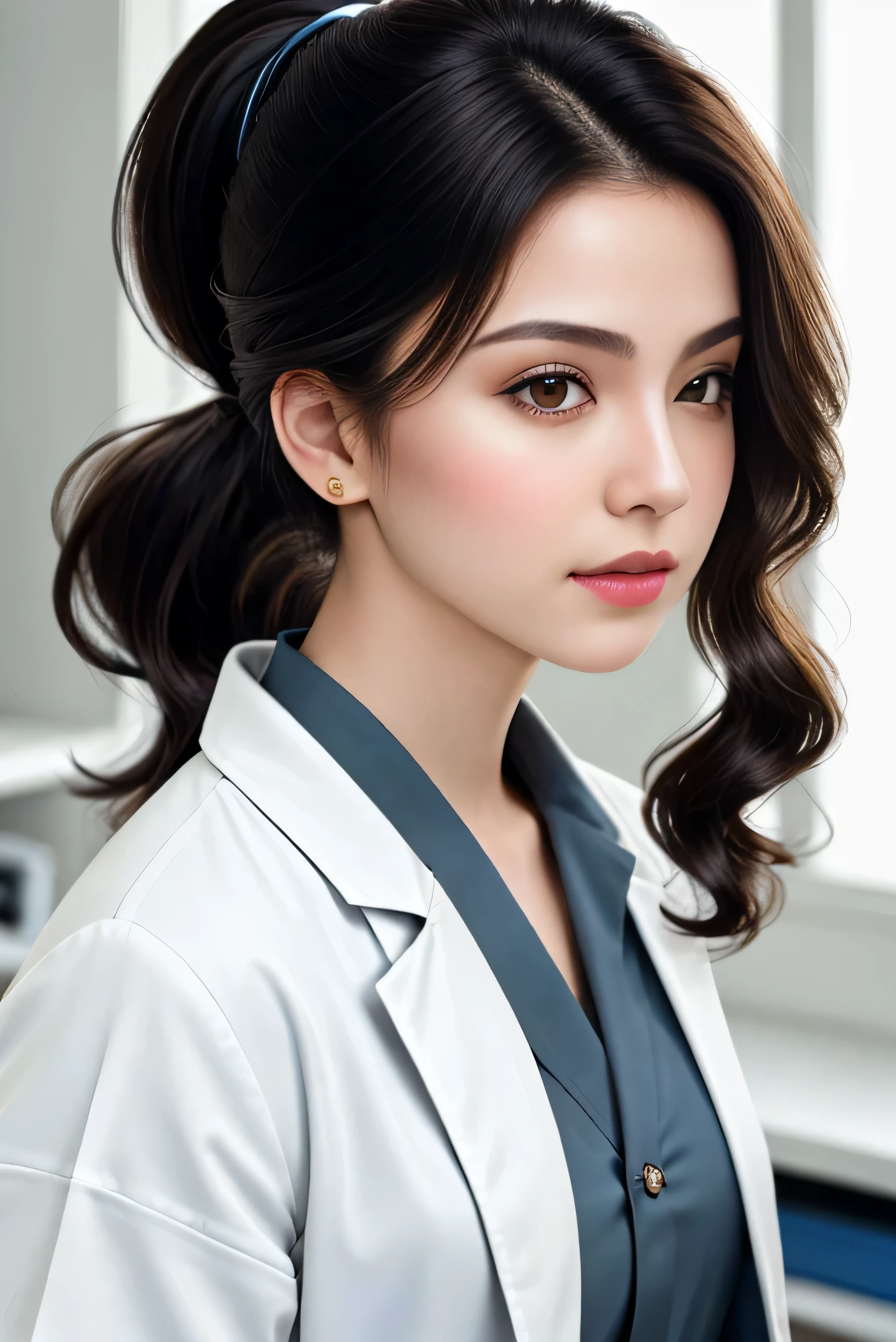 RAW, ultra detail hair, ultra detail skin, , (high detailed skin:1.2), 8k uhd, ultra hd, dslr, soft lighting, high quality, film grain, Fujifilm XTov:1.3), from front,  (head to waist shot:1.0), a portrait photo of 22 y.o woman in (doctor coat:1.2), (white blouse:1.2), (wavy short pony tail black hair :1.2), pale skin, slim body, small boob, (Stethoscope on her neck:1.1),
background pure sky ,in hospital, lab room