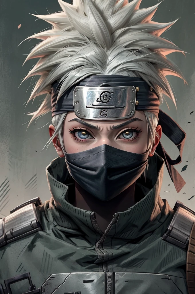 Kakashi is a woman , 1st grade, sozinha, Foco feminino, brilhar, olhos vermelhos, heterochromatic, looking up at the audience, olhos brilhantes, Cicatrizes, Ninjas, olhos brilhantes, cicatrizes no rosto, raio, corpo todo