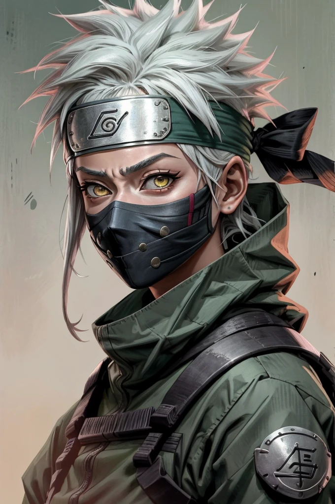 Kakashi is a woman , 1st grade, sozinha, Foco feminino, brilhar, olhos vermelhos, heterochromatic, looking up at the audience, olhos brilhantes, Cicatrizes, Ninjas, olhos brilhantes, cicatrizes no rosto, raio, corpo todo