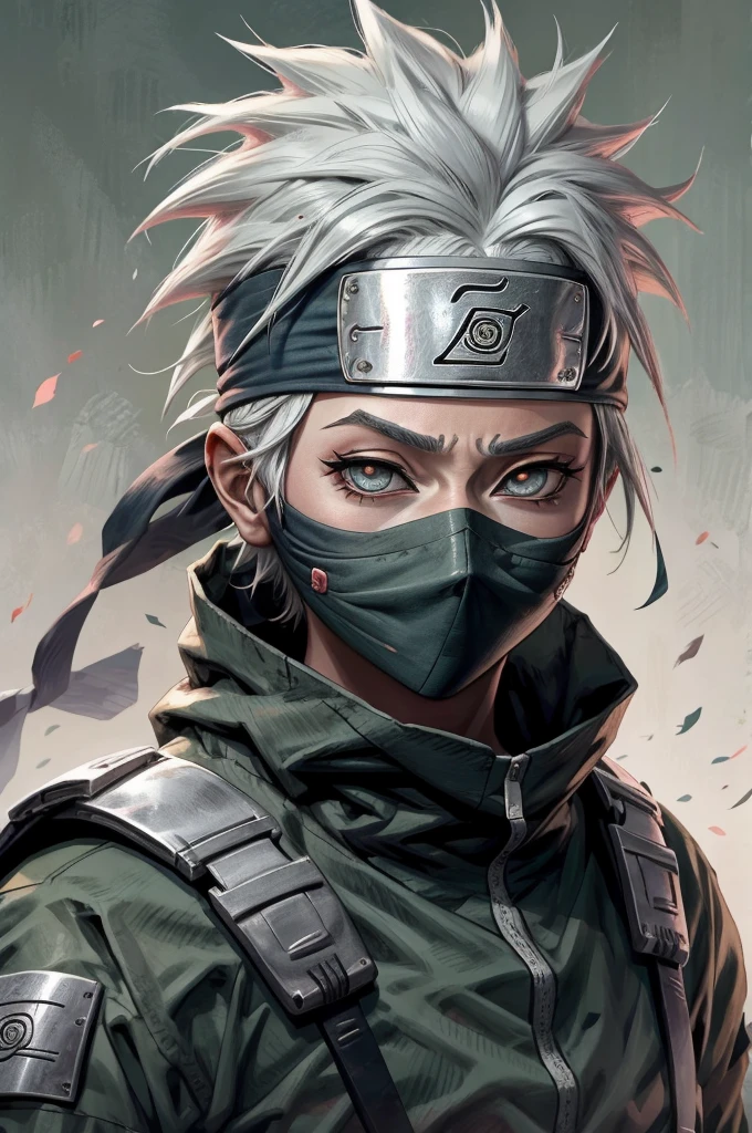 Kakashi is a woman , 1st grade, sozinha, Foco feminino, brilhar, olhos vermelhos, heterochromatic, looking up at the audience, olhos brilhantes, Cicatrizes, Ninjas, olhos brilhantes, cicatrizes no rosto, raio, corpo todo