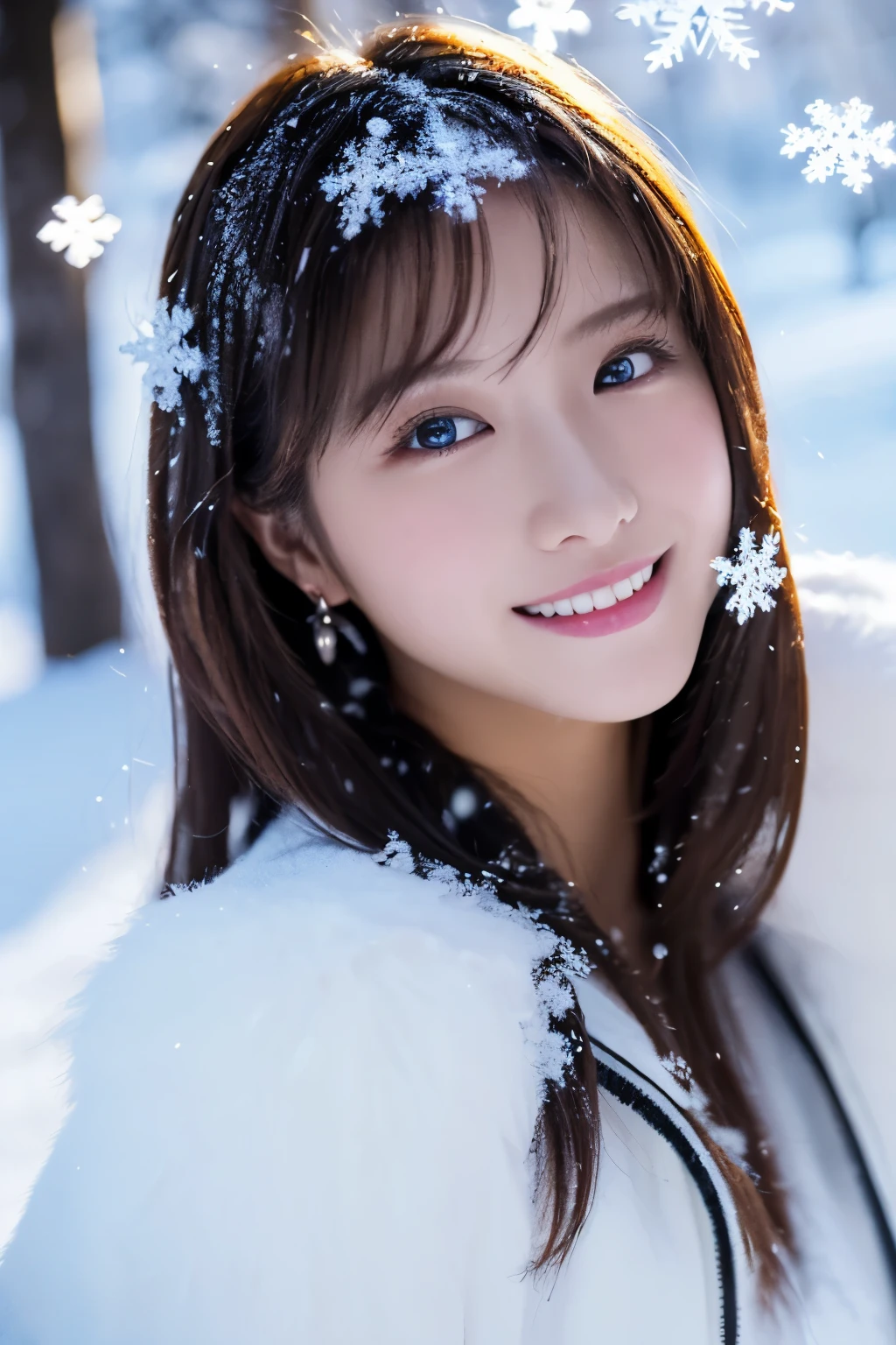 1girl in, (crystal costume:1.2), Japanese beautiful actress,
(Raw photo, Best Quality), (Realistic, Photorealsitic:1.4), (masutepiece), photogenic,
Snow Princess, Beautiful detailed eyes, Beautiful detailed lips, extremely detailed eye and face, long eyelashes,
Snowflake Earrings,
BREAK
(Lapland snow field in winter), 
Sparkling snowflakes, ethereal beauty, Swirling snowflakes, Snowy trees々, 
Powder snow, snow-capped mountain, Icy breath,
A world full of dazzling light, (Many large snowflakes are dancing and shining brightly.:1.4), Dance of Light,
Blue and silver color scheme, dramatic  lighting, 
BREAK Perfect Anatomy, Slender body, Small, medium hair, parted bangs, Angel's Smile,
Crystal-like skin, clear eyes, catchlight