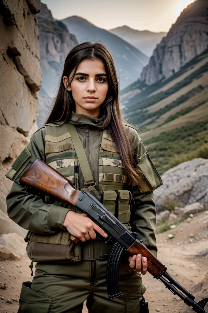 Masterpiece, a 20 years old beautiful arafed woman in a military uniform holding an AK47 rifle, chestnut hair, green eyes, slender athletic body, detailed eyes, a proud kurdish soldier, rojava, portrait of a female soldier, portrait of soldier girl, beautiful female soldier, kurdistan, of a sniper girl in war, holding an AK47 rifle, holding rifle, arms folded, portrait of a female ranger, portrait shot, by Arthur Sarkissian, determined face, with AK47 rifle, with AK47 rifle in hands, ultra high res.photorealistic:1.4, UHD, beautiful detailed Kurdistan landscape in the background