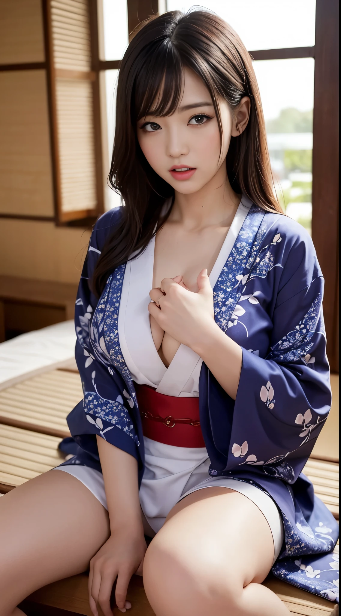 ((top-quality, 8K, tmasterpiece: 1.3)), big breasts beautiful, 1 woman, Bigger: 1.3, Slim abs: 1.1, long wavy dark brown hair, (Wearing kimono Moaning yawning seductively, 1 hand please yourself, Eyes rolling, Spread your legs apart: 1.2), Ultra-detailed face, very detailed lips, yawning, A detailed eye, 二重まぶた