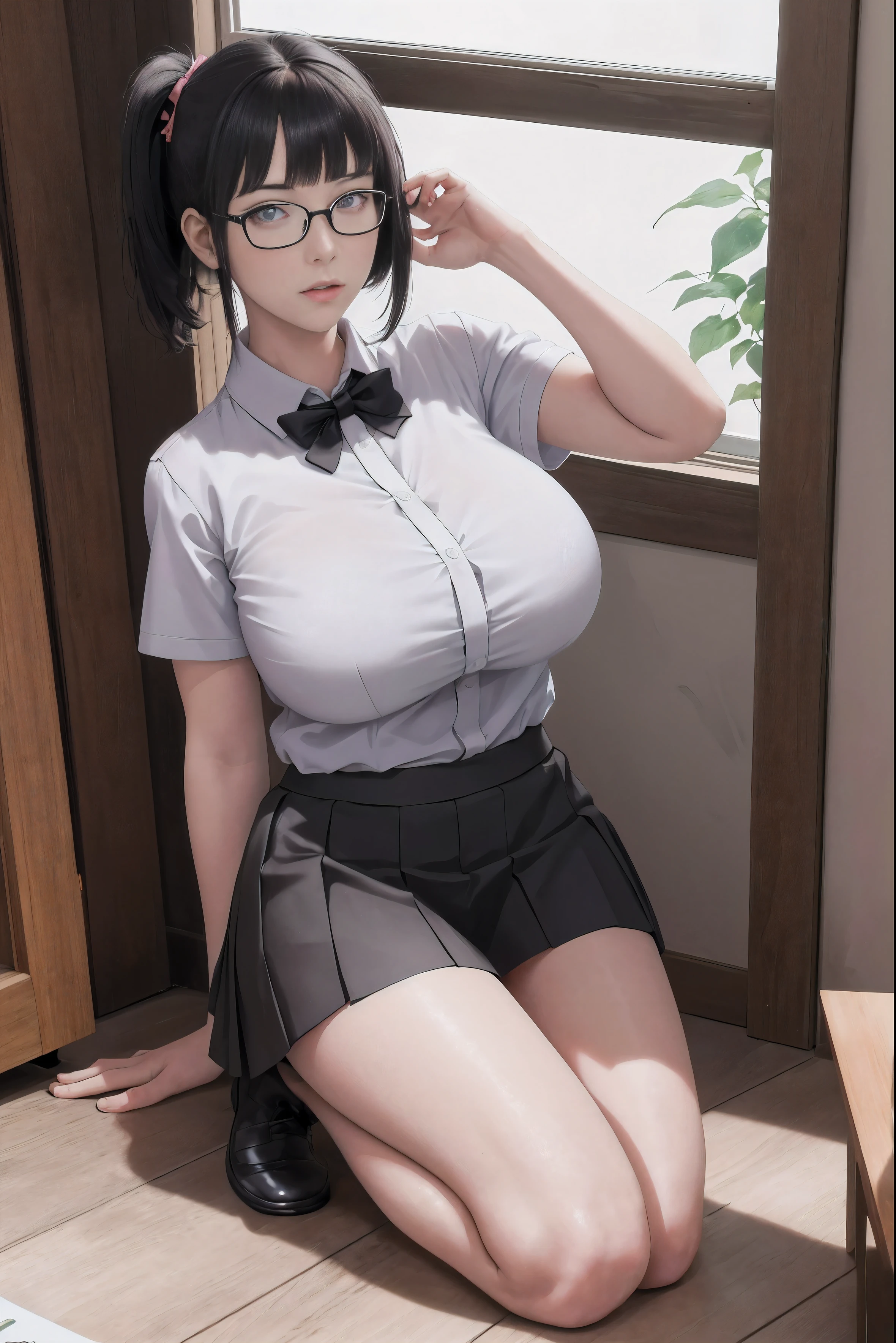 (Best quality:1.1), (Masterpiece:1.2), Highqualityshadow, Beautiful detailed, Beautiful face, Detailed eyes,Depth of field, A high resolution, Best shadow, Best illumination, 1girll, view the viewer
there is a woman in a short skirt and, Short sleeve shirt, open breast, high sock, a hyperrealistic schoolgirl, hyperrealistic schoolgirl, realistic schoolgirl, photorealistic anime girl render, photorealistic full body, hyperrealistic full figure, photorealistic perfect body, casual pose, seductive anime girl, smooth anime cg art, Blunt bangs
anime girl perfect body in a very short skirt and a bow tie posing, a hyperrealistic schoolgirl, realistic schoolgirl, hyperrealistic schoolgirl, full body portrait of a short!, anime full body illustration, wearing short skirt, wearing a short skirt, render of a cute 3d anime girl, full body illustration, huge breast, super short skirt, shy girls, wearing glasses, pony tail long hair, black hair, pantie, mini skirt, short skirt, very short skirt, open breast, Split buttons, thicc, sexy pose
masterpiece,best quality,best illustration,hyper detailed,1 girl,solo,,glamorous,blushing,
gigantic breasts,large,((gigantic_breasts))),(Re-emulsification)