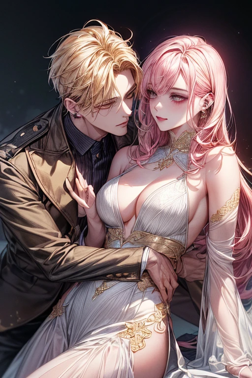 ((1male people:Piercing in one ear only,、(Golden hair)、tall、tall、Tall、a handsome、refreshing、burly))、((1female:Pink hair、Long、short、Best style、F-cup、see-through sexy dress、Beautuful Women))、(((a couple、Flirting)))、{(Best Quality, 8K, masutepiece, nffsw, Soft lighting, image perfect, Digital Illustration, manhwa art, super detailed image, Perfect lines, Realistic)}