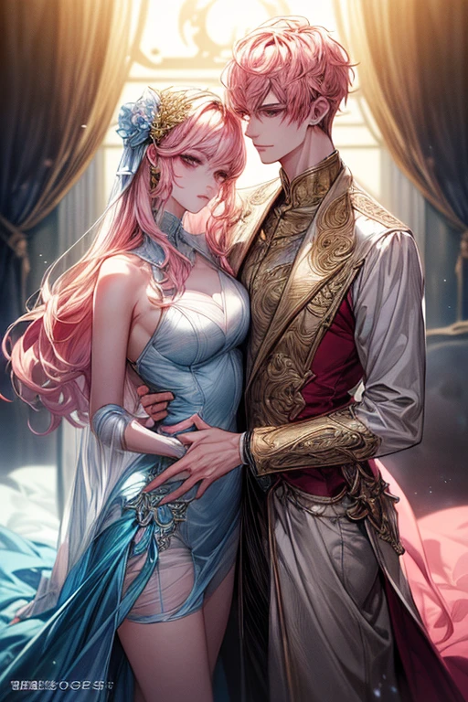((1male people：Piercing in one ear only,、(Golden hair)、tall、tall、Tall、a handsome、refreshing、burly))、((1female：Pink hair、Long、short、Best style、F-cup、see-through sexy dress、Beautuful Women))、(((a couple、Flirting)))、{(Best Quality, 8K, masutepiece, nffsw, Soft lighting, image perfect, Digital Illustration, manhwa art, super detailed image, Perfect lines, Realistic)}