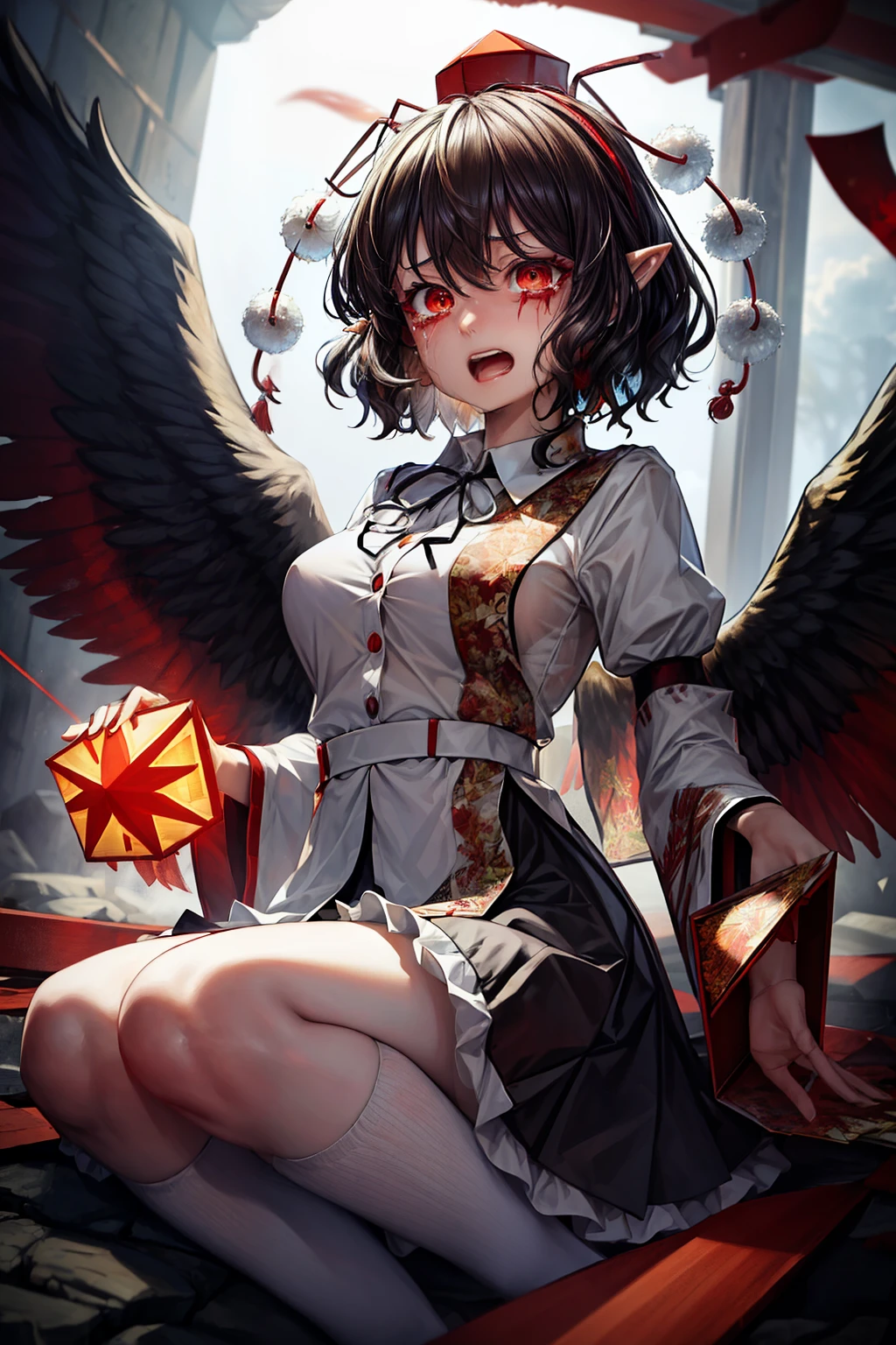 (masterpiece, top quality, best quality, beautiful and aesthetic:1.2), shameimaru_aya_touhou, short_hair, hat, black_hair, tokin_hat, red_eyes, bangs, red_headwear, wings, black_wings, ribbon, hair_between_eyes, pointy_ears, breasts, japanese architecture, surprised, :o, beam, laser, glaring body, open box, box, open mouth, jaw drop, wide-eyed, panicking, horrified, screaming, sobbing, traumatized, turn pale, wavy mouth, glowing, glow, outer glow