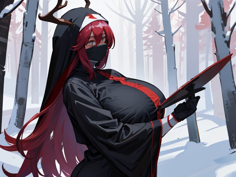 red long hair, (dark skinned female), (nun), milf, gigantic bleasts, sagging bleasts, Big ass, Deer antlers, heavy body, large body, venus body, red blush, stockings, winter forest background, dagger, hollor, malticoroled hair,