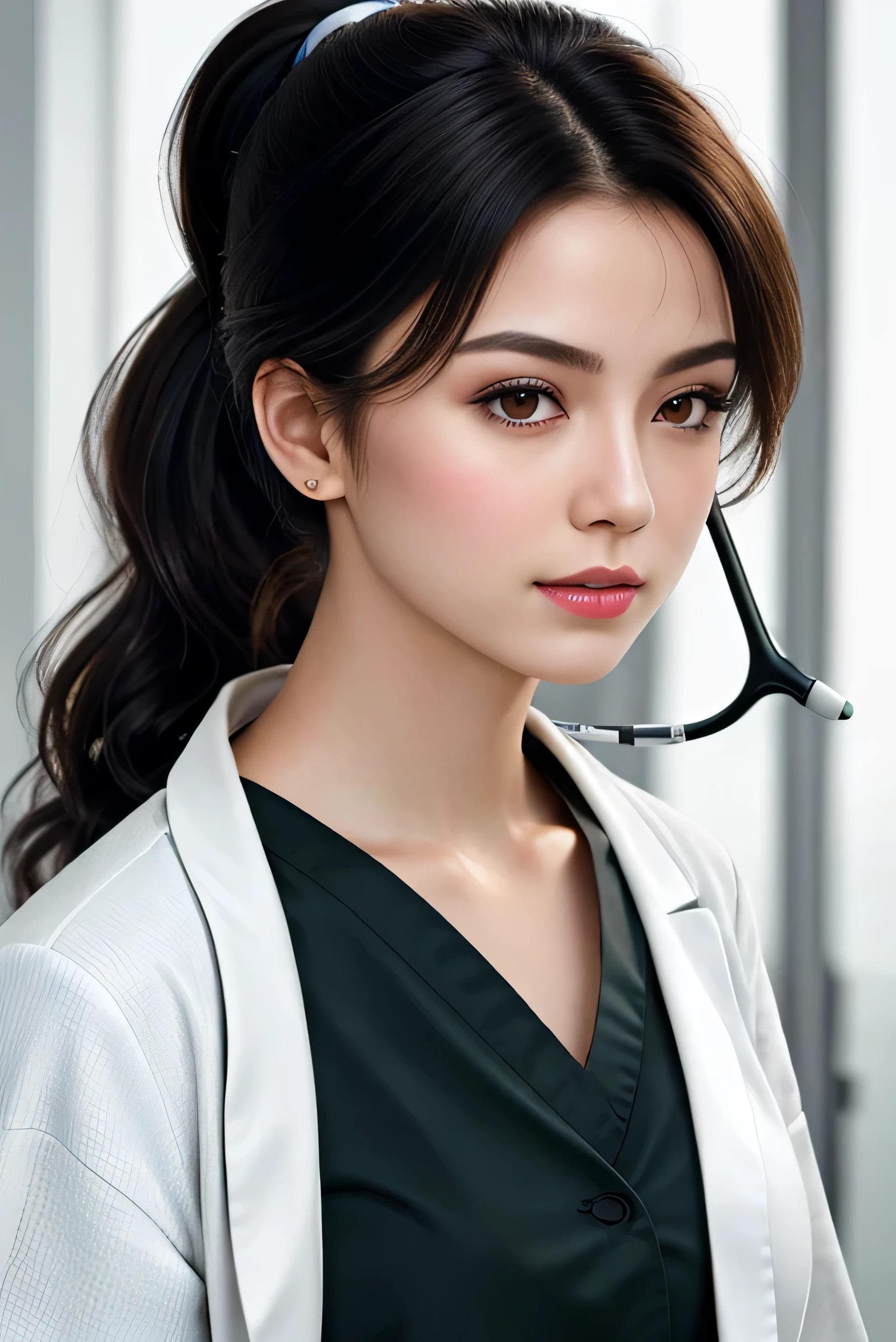 RAW, ultra detail hair, ultra detail skin, , (high detailed skin:1.2), 8k uhd, ultra hd, dslr, soft lighting, high quality, film grain, Fujifilm XTov:1.3), from front,  (head to waist shot:1.0), a portrait photo of 22 y.o woman in (doctor coat:1.2), (white blouse:1.2), (wavy short pony tail black hair :1.2), pale skin, slim body, small boob, (Stethoscope on her neck:1.1),
background pure sky ,in hospital, lab room